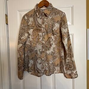 Signature by Larry Levine Fitted Woman's Blouse Beige/Brown Paisley Size Sm